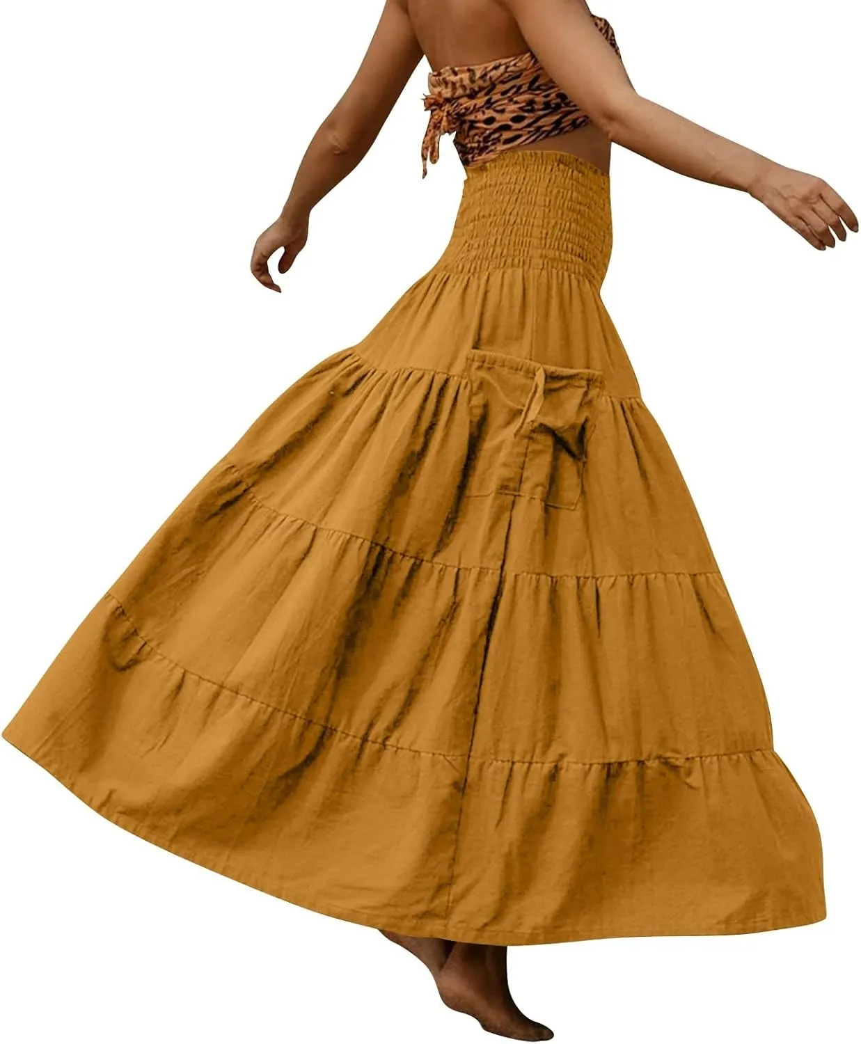 Women's Maxi Boho Skirt Long Hippie Bohemian Elastic Waist Gypsy Skirt Summer Flowy Pleated Tiered A Line Skirts