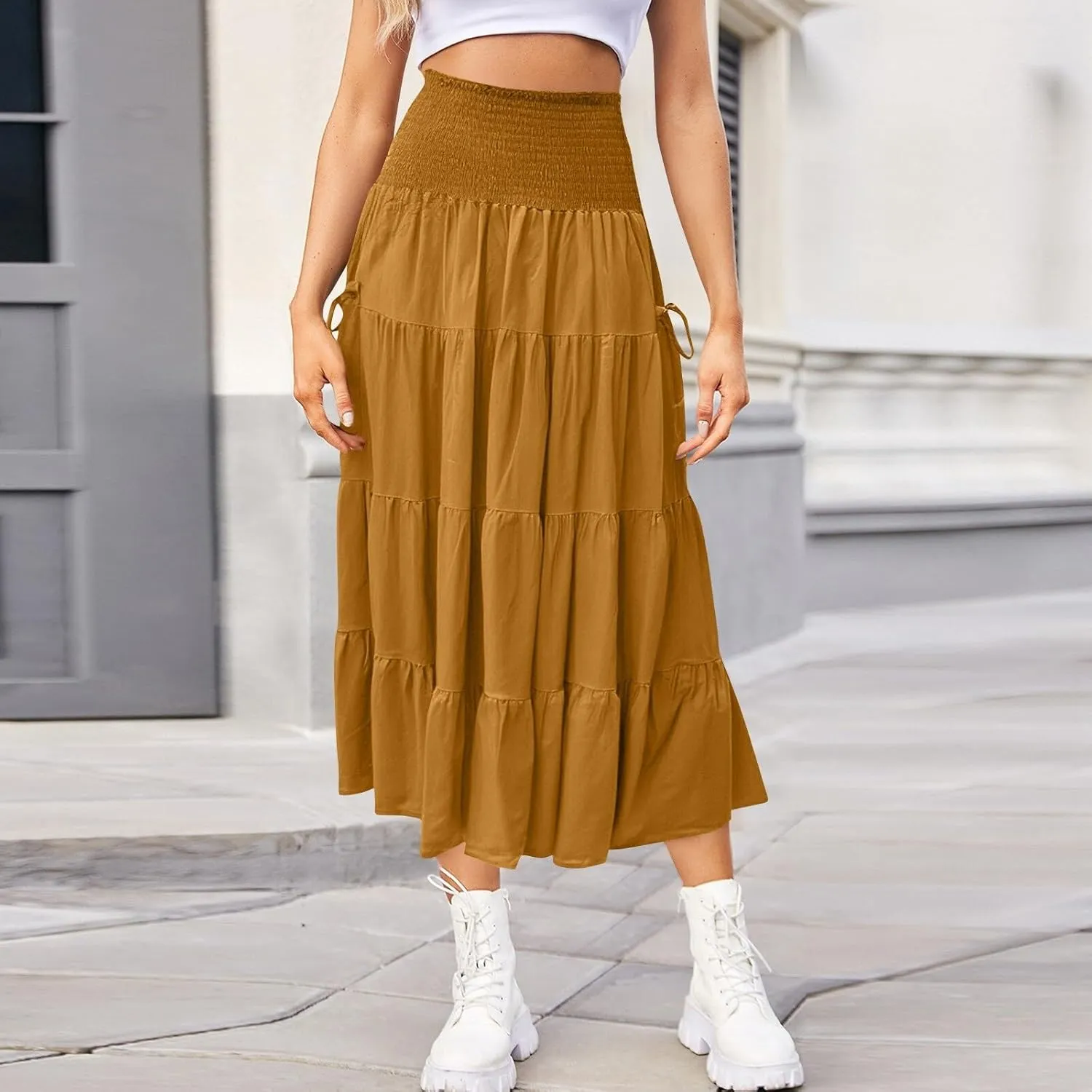 Women's Maxi Boho Skirt Long Hippie Bohemian Elastic Waist Gypsy Skirt Summer Flowy Pleated Tiered A Line Skirts
