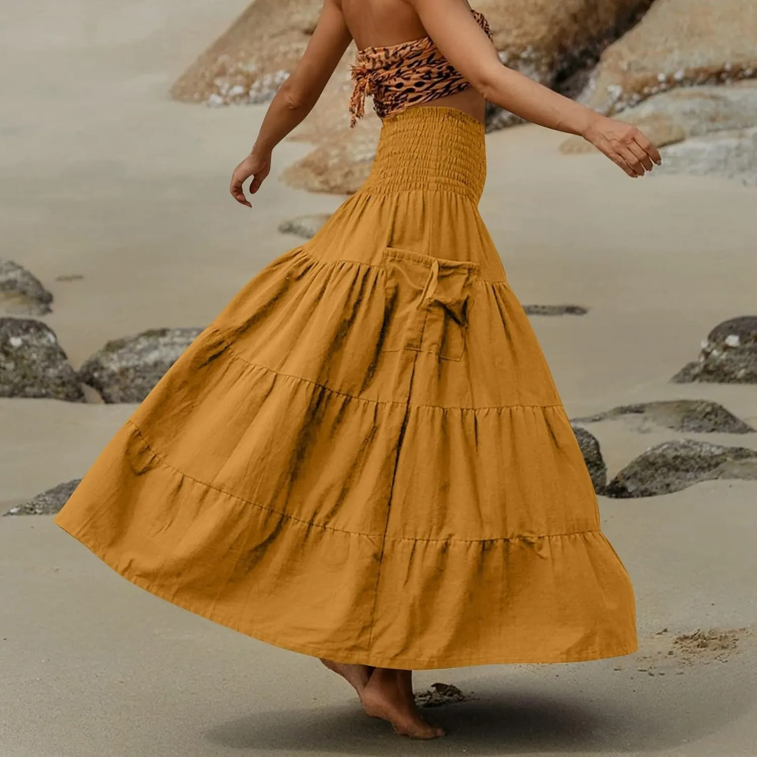 Women's Maxi Boho Skirt Long Hippie Bohemian Elastic Waist Gypsy Skirt Summer Flowy Pleated Tiered A Line Skirts