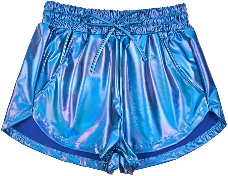 Women's Metallic Shorts Yoga Shiny Sparkly Hot Drawstring Outfit Short Pants