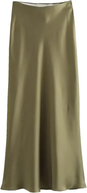 Women's Midi Skirts Vintage Office Side Zipper Satin Solid A-Line Formal Wedding Skirt