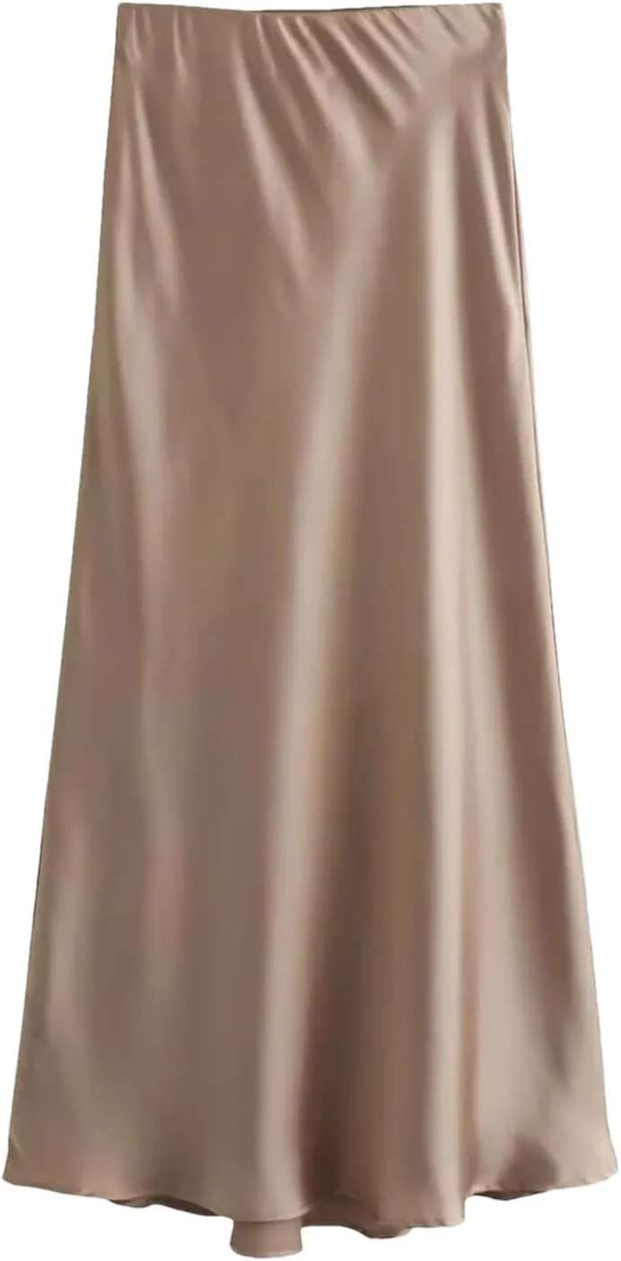 Women's Midi Skirts Vintage Office Side Zipper Satin Solid A-Line Formal Wedding Skirt