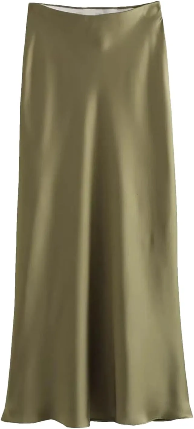 Women's Midi Skirts Vintage Office Side Zipper Satin Solid A-Line Formal Wedding Skirt