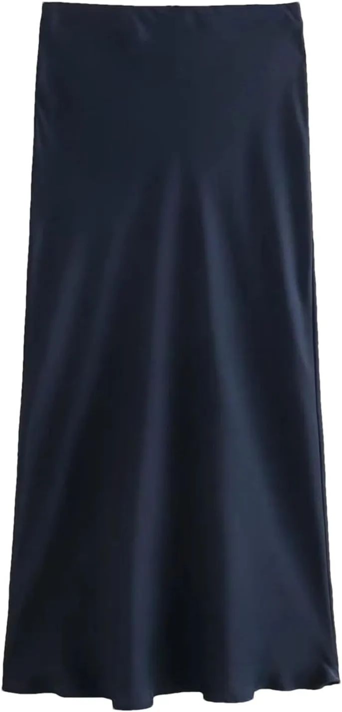 Women's Midi Skirts Vintage Office Side Zipper Satin Solid A-Line Formal Wedding Skirt