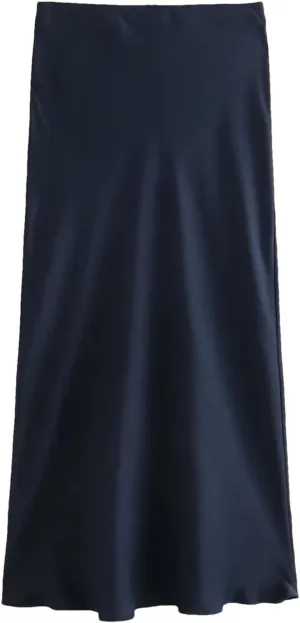 Women's Midi Skirts Vintage Office Side Zipper Satin Solid A-Line Formal Wedding Skirt