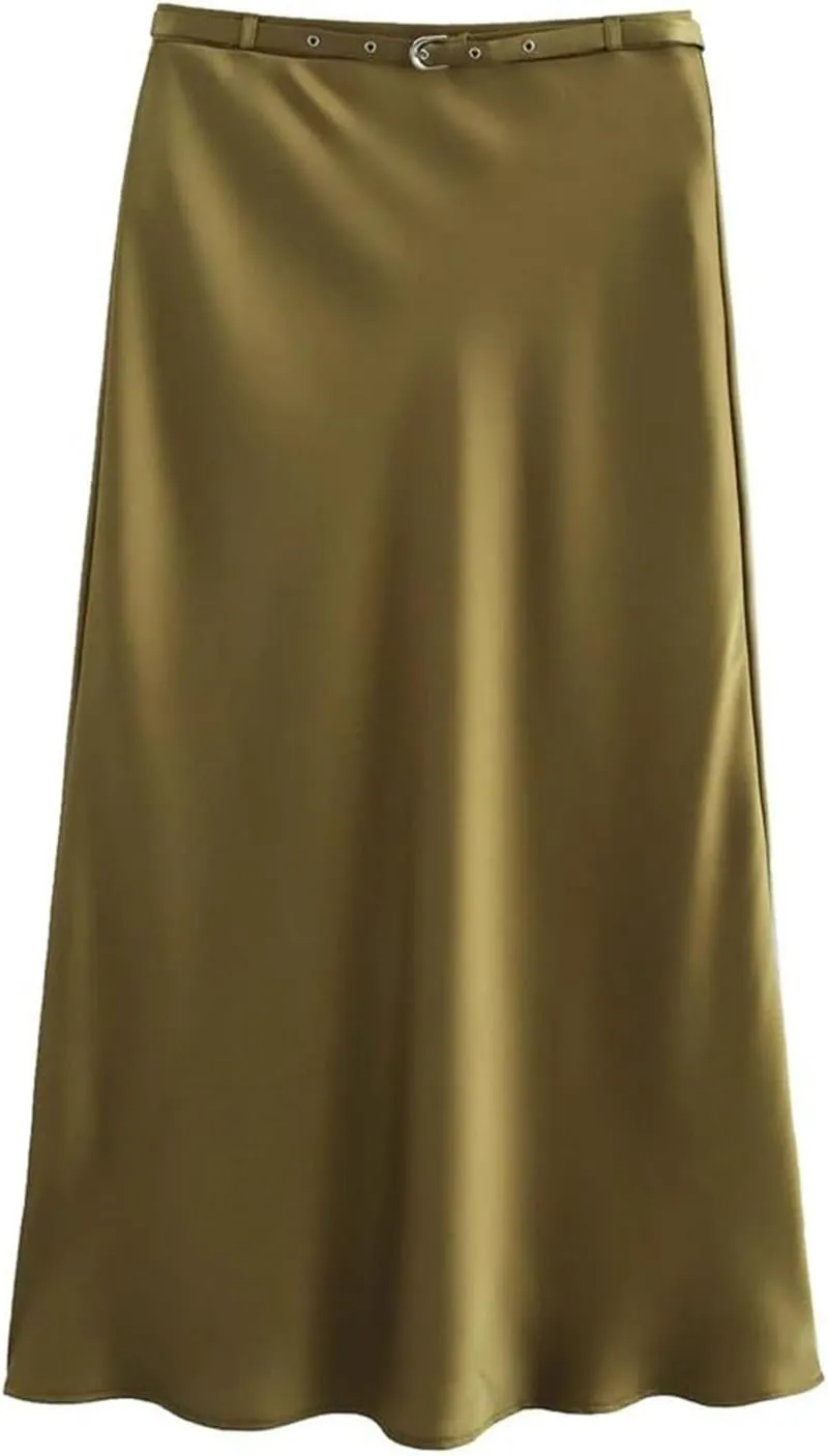 Women's Midi Skirts Vintage Satin with Belt Solid High Waist Office Formal Skirt