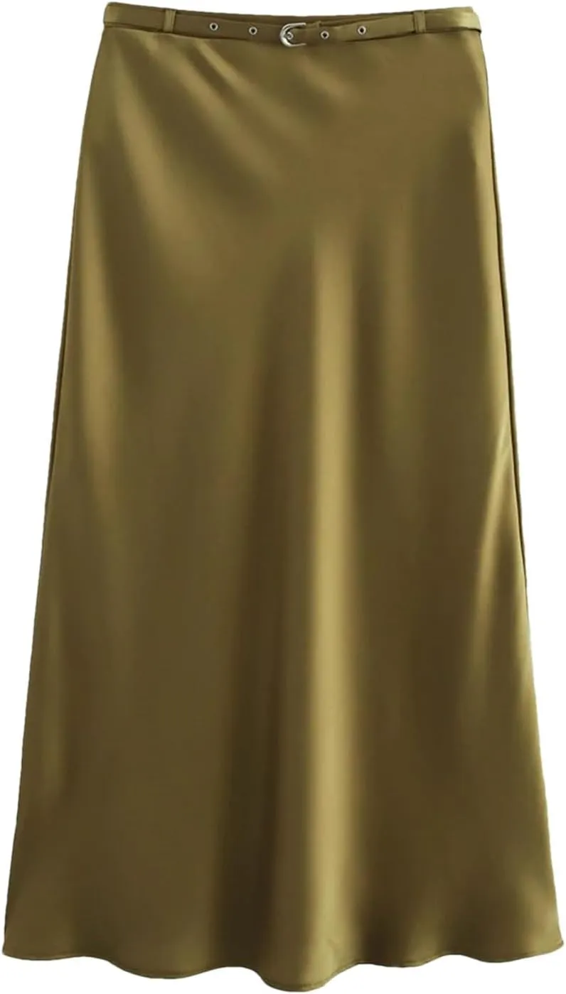 Women's Midi Skirts Vintage Satin with Belt Solid High Waist Office Formal Skirt