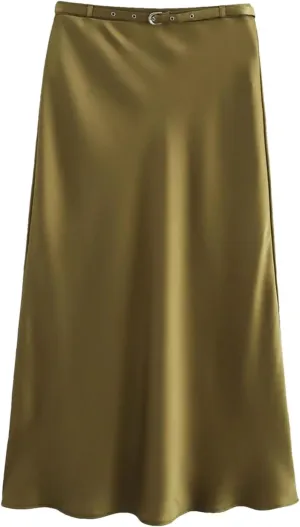 Women's Midi Skirts Vintage Satin with Belt Solid High Waist Office Formal Skirt