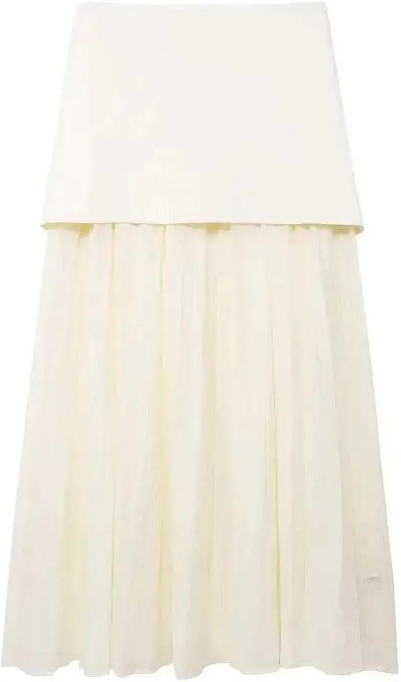 Women's Midi Skirts Vintage Splicing Semi-Sheer Pleated Knit Elastic High Waist Skirt