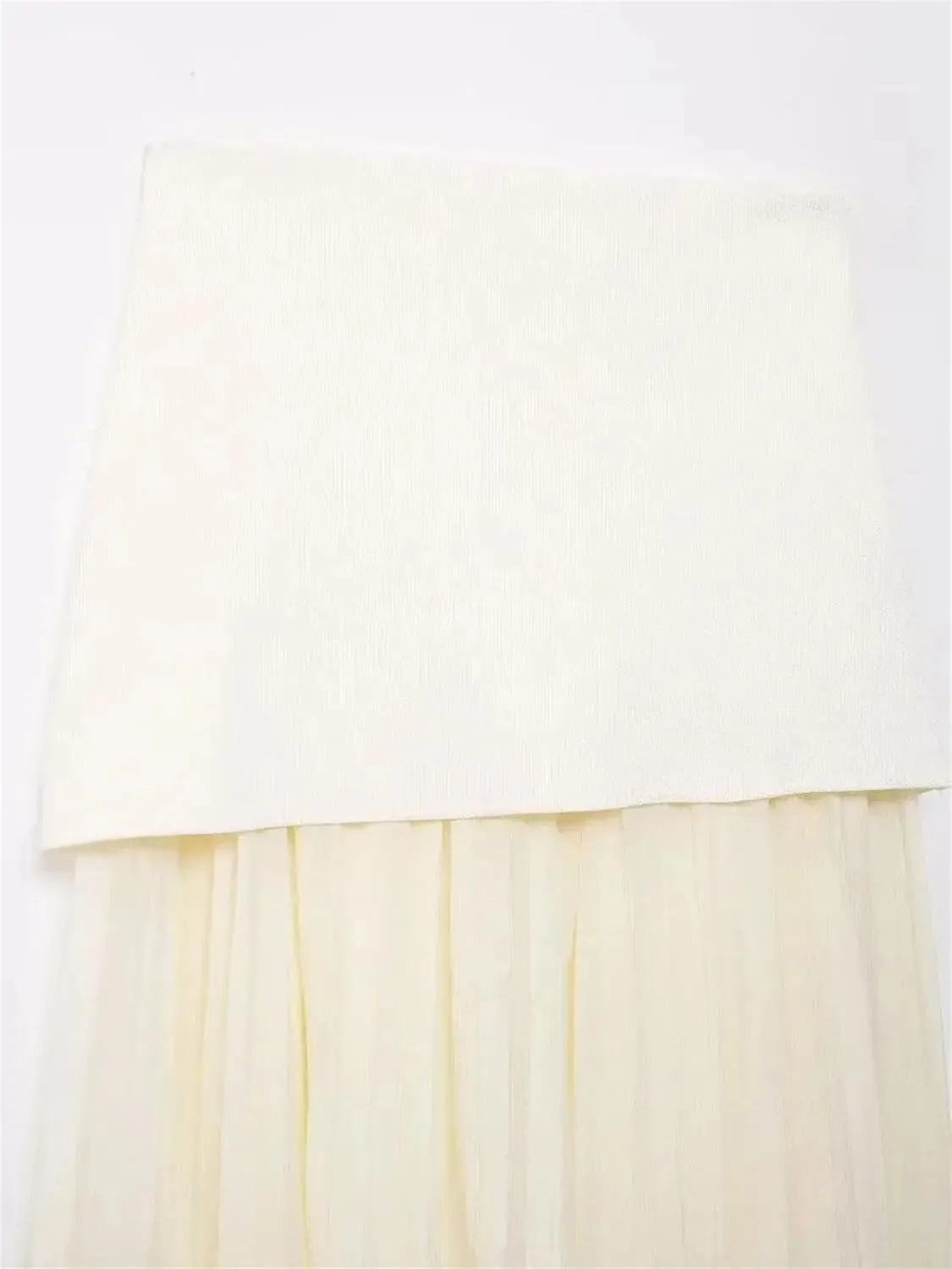Women's Midi Skirts Vintage Splicing Semi-Sheer Pleated Knit Elastic High Waist Skirt