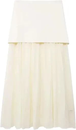 Women's Midi Skirts Vintage Splicing Semi-Sheer Pleated Knit Elastic High Waist Skirt