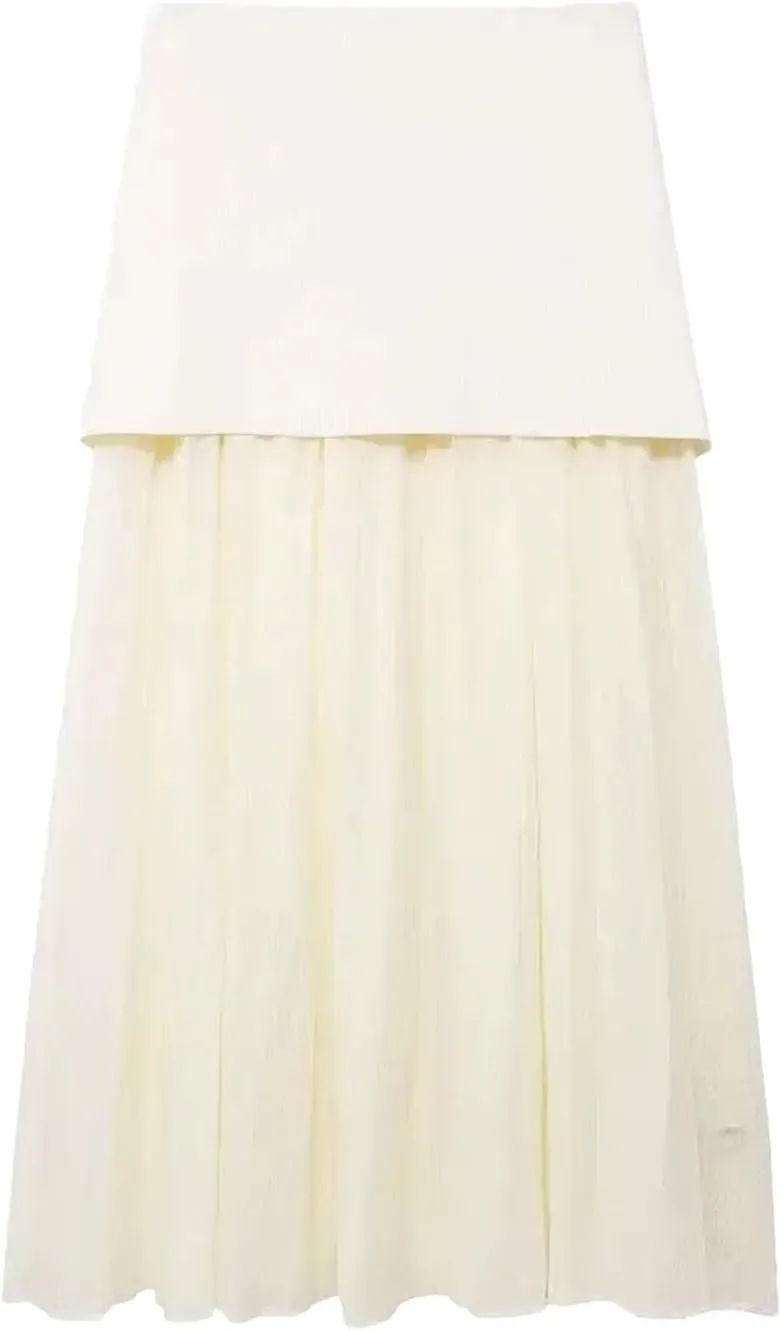 Women's Midi Skirts Vintage Splicing Semi-Sheer Pleated Knit Elastic High Waist Skirt
