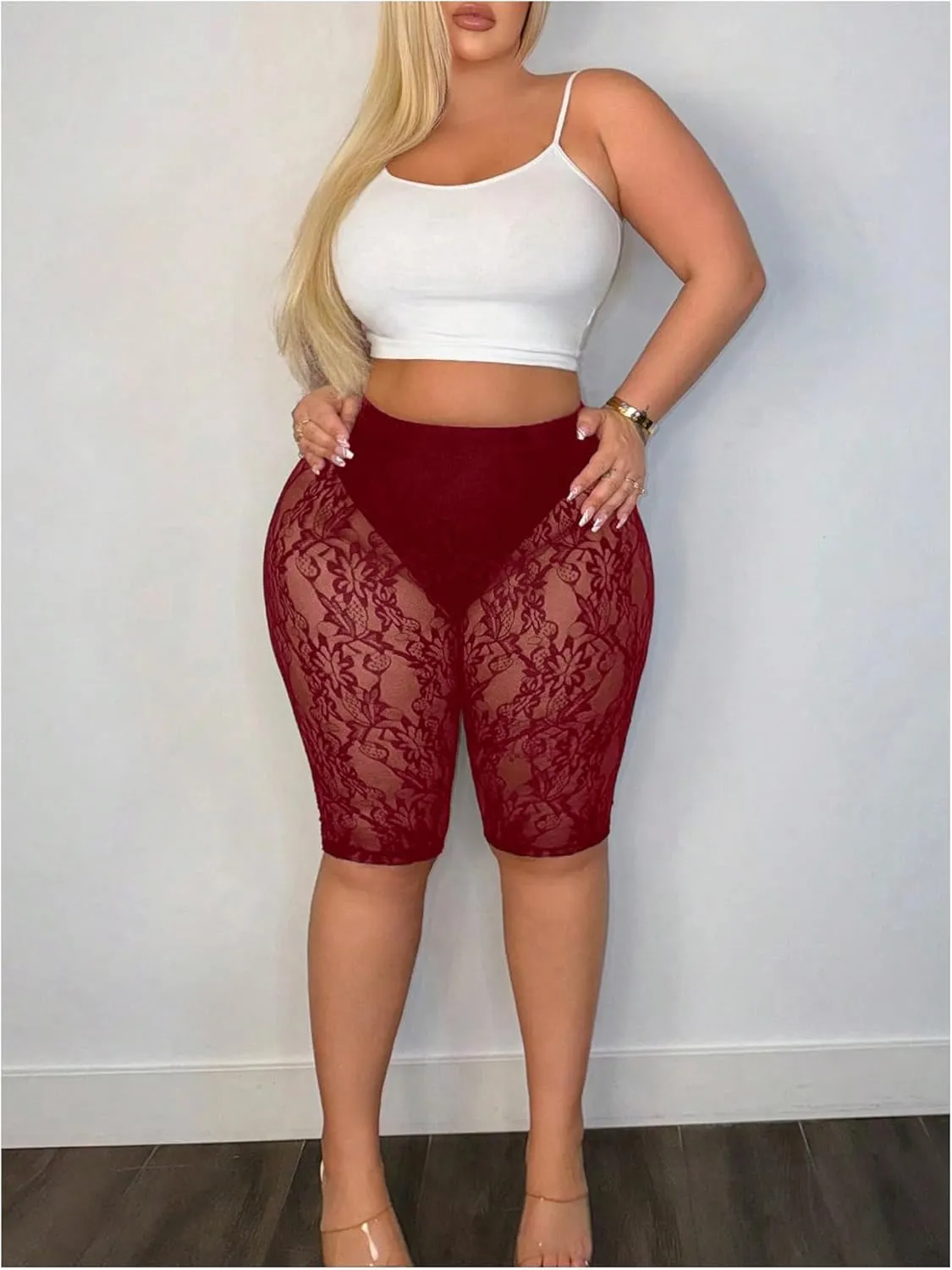 Women's Plus Size Floral Lace High Waisted Shorts Sheer Mesh Casual Leggings