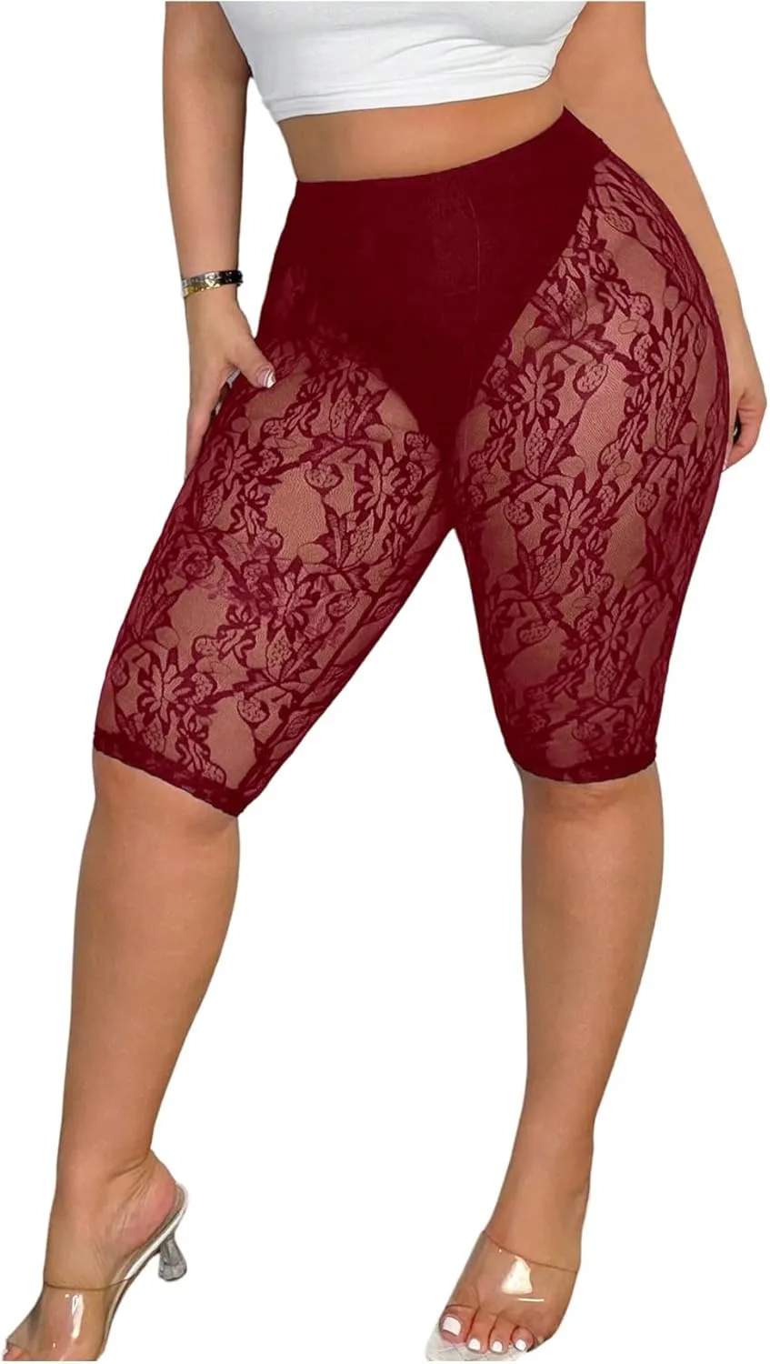 Women's Plus Size Floral Lace High Waisted Shorts Sheer Mesh Casual Leggings