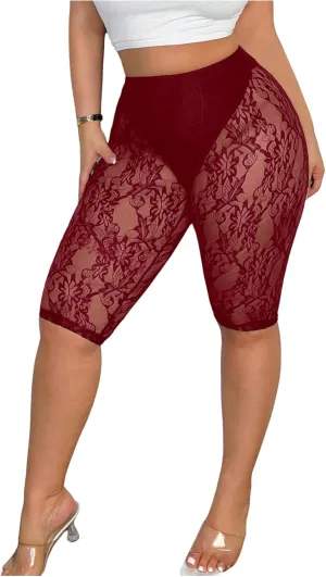 Women's Plus Size Floral Lace High Waisted Shorts Sheer Mesh Casual Leggings