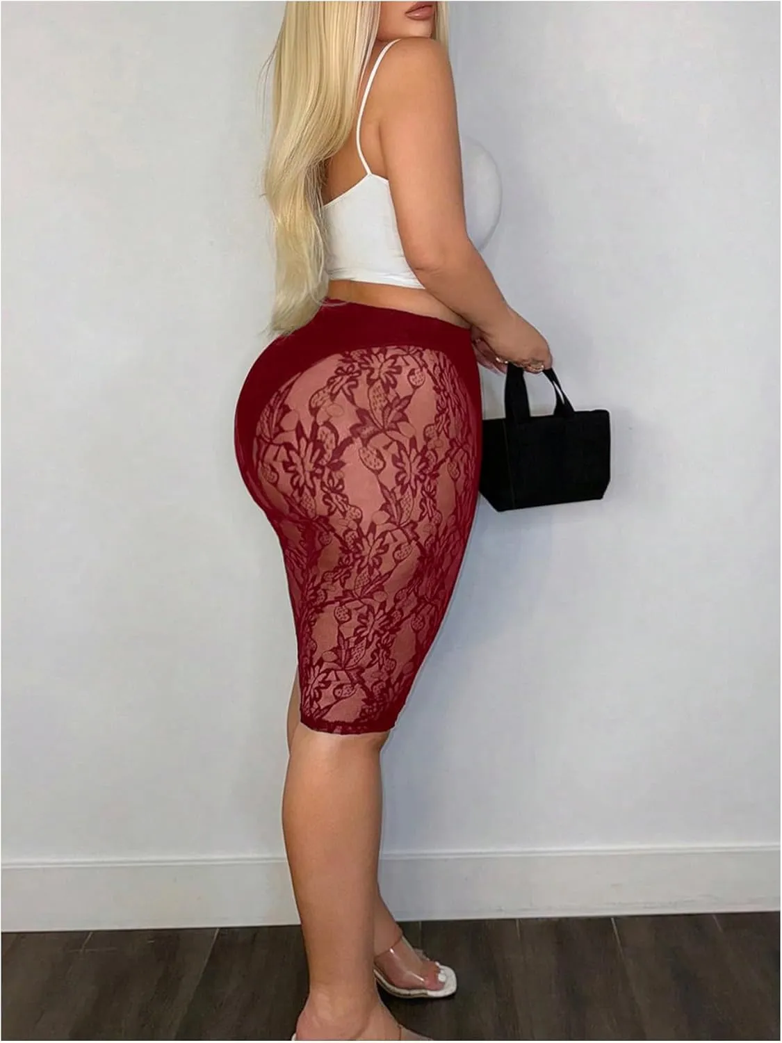 Women's Plus Size Floral Lace High Waisted Shorts Sheer Mesh Casual Leggings
