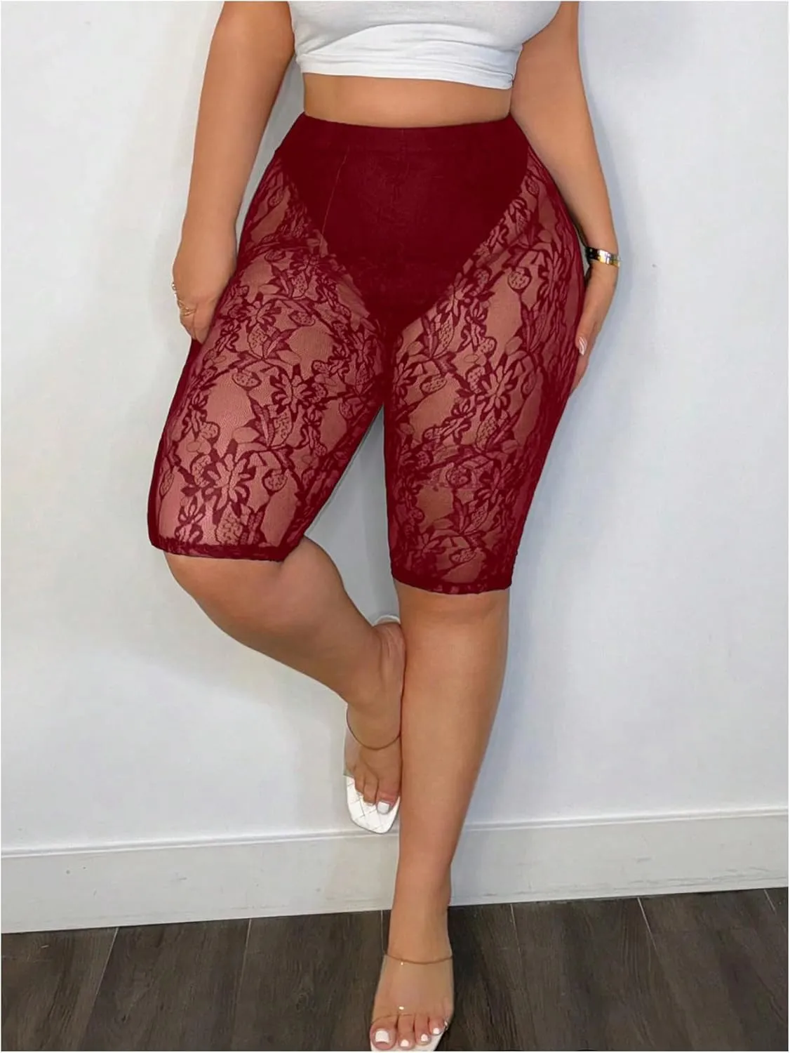 Women's Plus Size Floral Lace High Waisted Shorts Sheer Mesh Casual Leggings