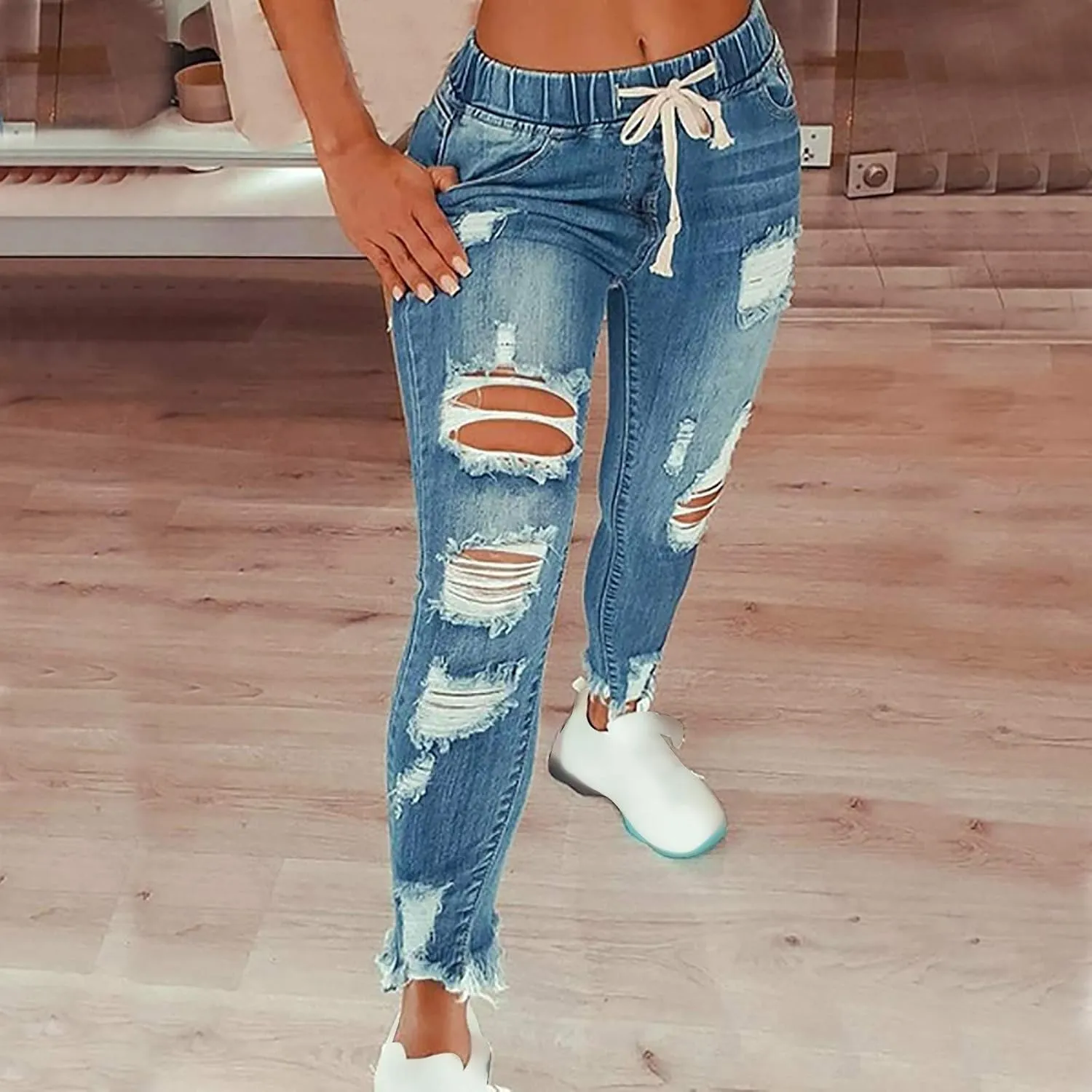 Womens Plus Size Slim Jeans Trendy Ripped Hole Hip Hop Y2K Denim Pants Stretchy High Waist Drawstring Casual Trousers
