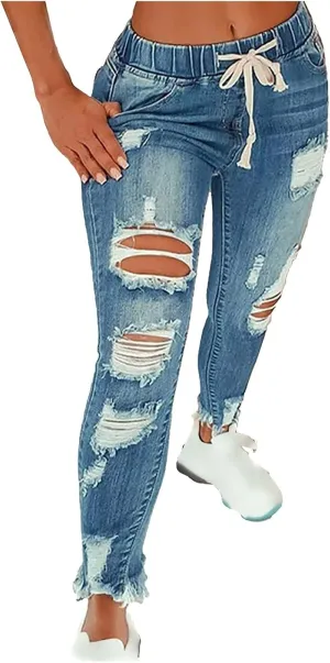 Womens Plus Size Slim Jeans Trendy Ripped Hole Hip Hop Y2K Denim Pants Stretchy High Waist Drawstring Casual Trousers