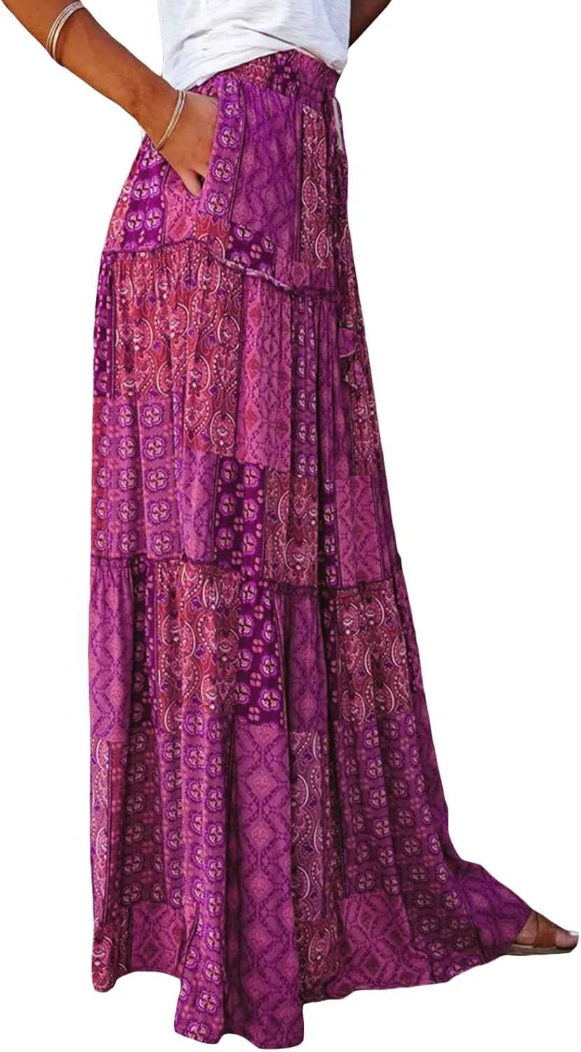 Women's Retro Print Maxi Skirt Boho Floral High Waist Split A Line Midi Skirt Vintage Lace-Up Long Skirt Streetwear