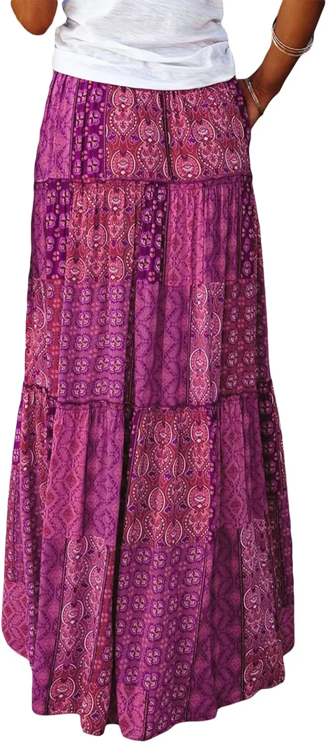 Women's Retro Print Maxi Skirt Boho Floral High Waist Split A Line Midi Skirt Vintage Lace-Up Long Skirt Streetwear