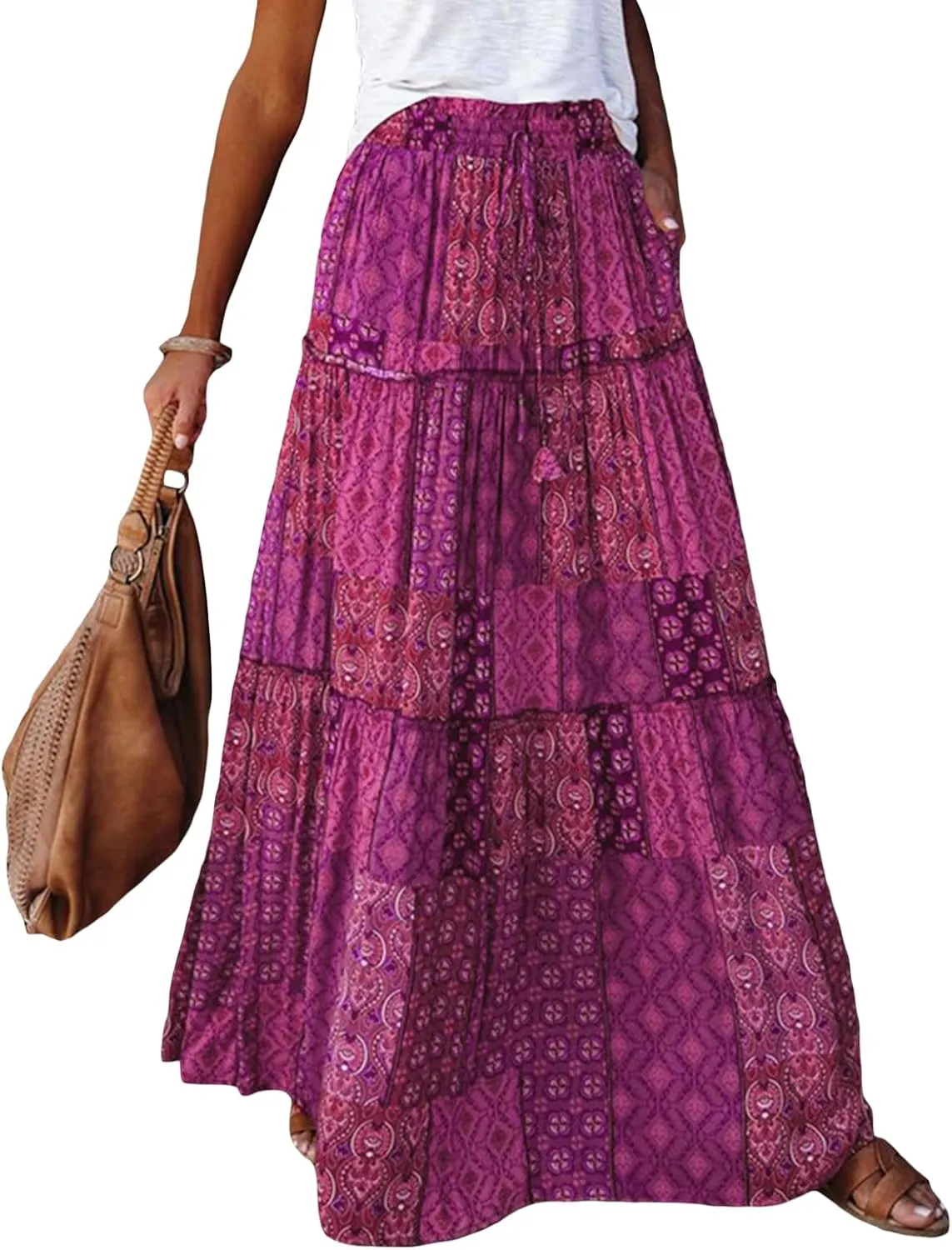 Women's Retro Print Maxi Skirt Boho Floral High Waist Split A Line Midi Skirt Vintage Lace-Up Long Skirt Streetwear