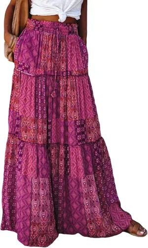 Women's Retro Print Maxi Skirt Boho Floral High Waist Split A Line Midi Skirt Vintage Lace-Up Long Skirt Streetwear
