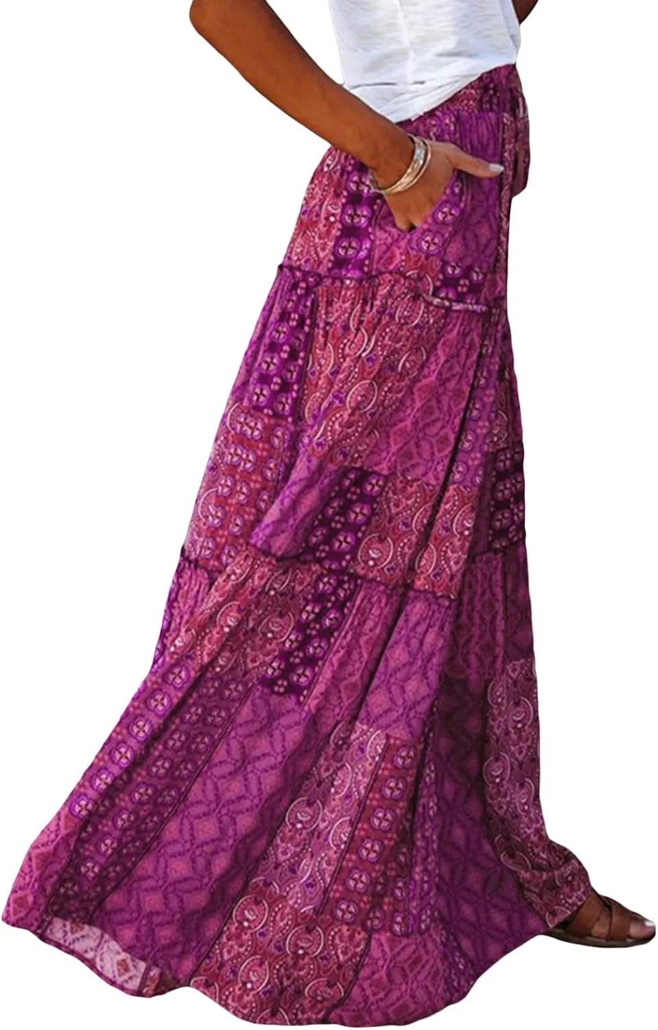 Women's Retro Print Maxi Skirt Boho Floral High Waist Split A Line Midi Skirt Vintage Lace-Up Long Skirt Streetwear