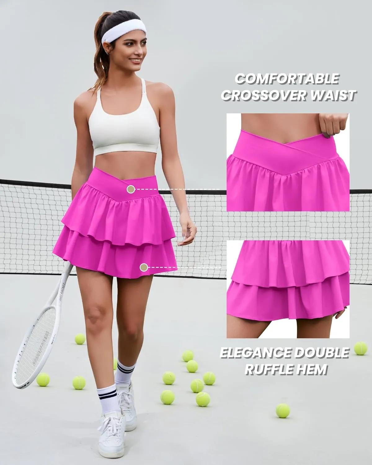 Women's Ruffle Tennis Skirt with Shorts Pockets Athletic Crossover Layered Skorts Golf Running