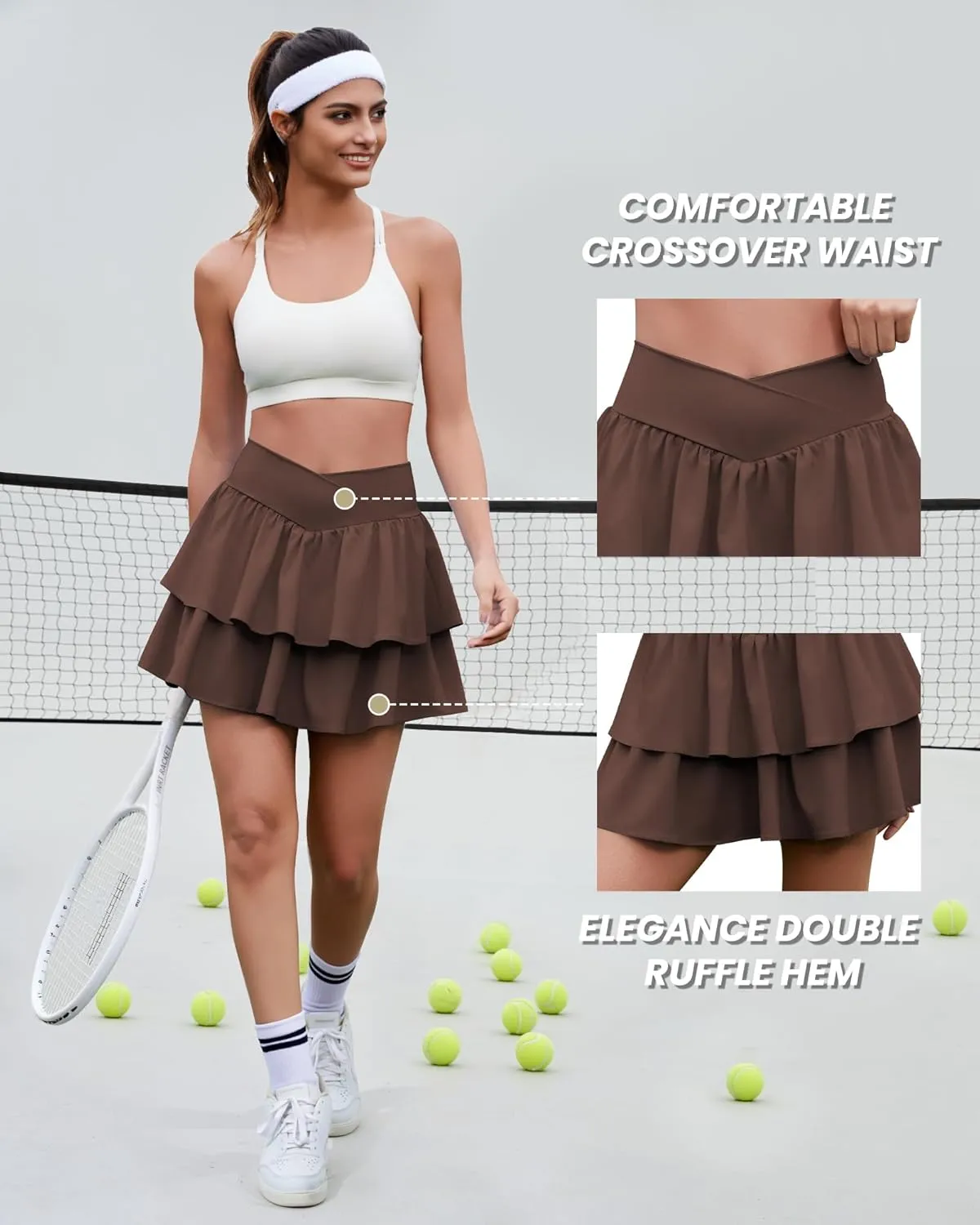 Women's Ruffle Tennis Skirt with Shorts Pockets Athletic Crossover Layered Skorts Golf Running