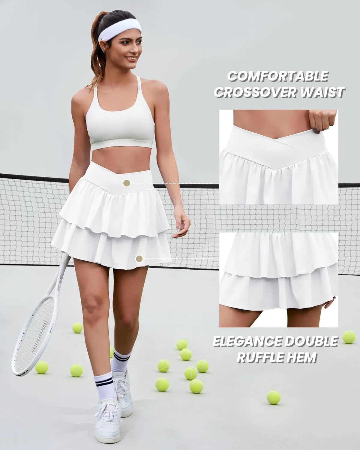 Women's Ruffle Tennis Skirt with Shorts Pockets Athletic Crossover Layered Skorts Golf Running