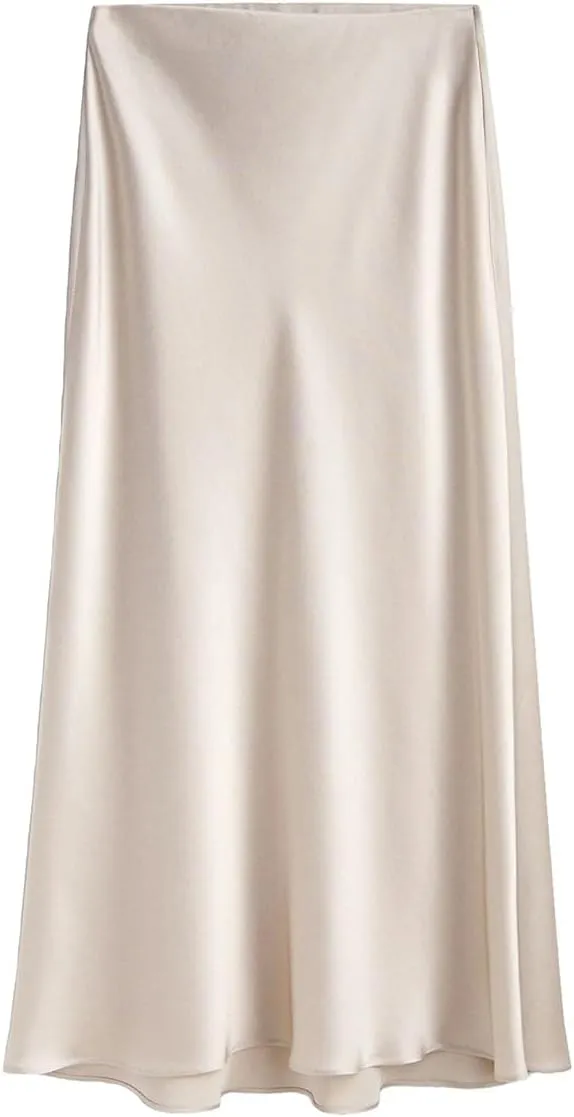Women's Satin Long Skirts High Waist Elastic Maxi Skirt Party Dresses Silk A Line Midi Skirt