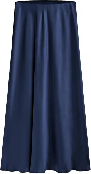Women's Satin Long Skirts High Waist Elastic Maxi Skirt Party Dresses Silk A Line Midi Skirt
