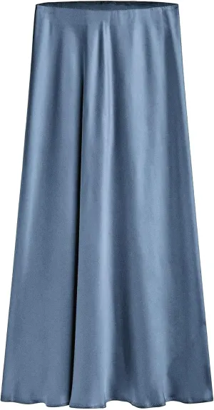Women's Satin Long Skirts High Waist Elastic Maxi Skirt Party Dresses Silk A Line Midi Skirt