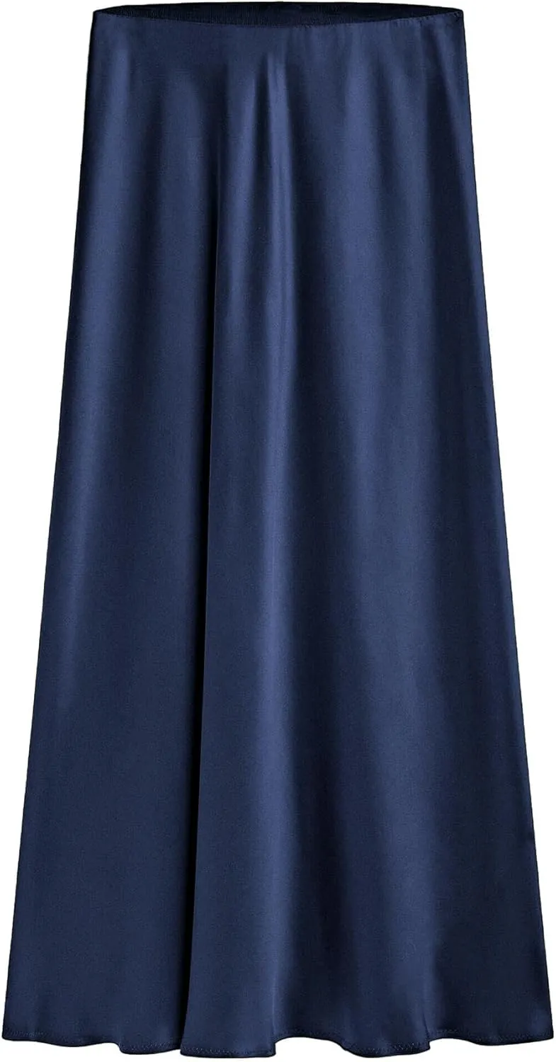 Women's Satin Long Skirts High Waist Elastic Maxi Skirt Party Dresses Silk A Line Midi Skirt