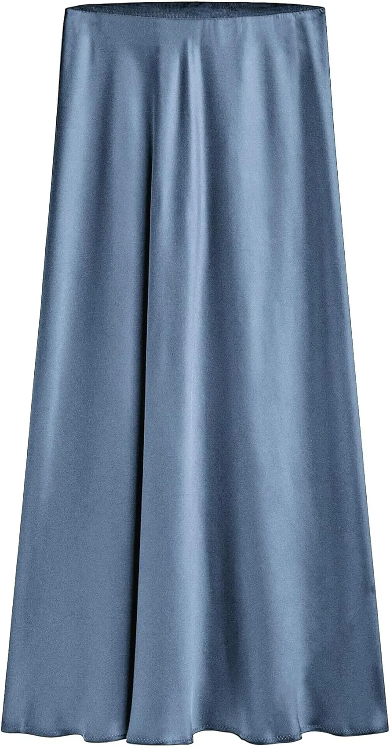 Women's Satin Long Skirts High Waist Elastic Maxi Skirt Party Dresses Silk A Line Midi Skirt