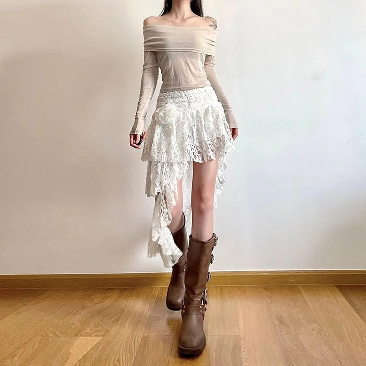Women's Skirts French Bohemian Asymmetrical Lace Skirt Hollow Out Design Vacation Style Midi Skirt for Women