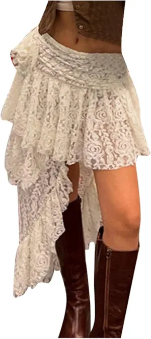 Women's Skirts French Bohemian Asymmetrical Lace Skirt Hollow Out Design Vacation Style Midi Skirt for Women