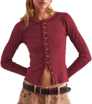 Womens Slim Fitted Cardigan Long Sleeve Ribbed Knit Button Down Shirts