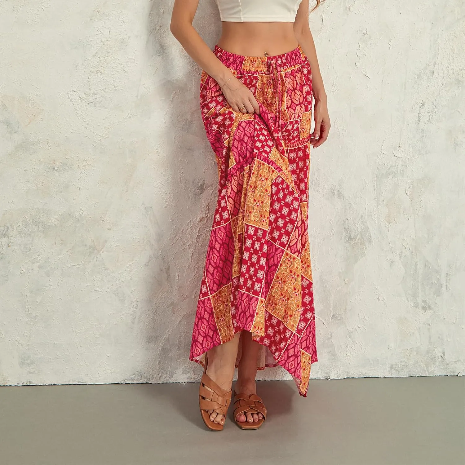 Women's Summer Beach Bohemian Long Skirt Floral Printed Maxi Skirt Vintage Stretch High Waist Halter Skirt