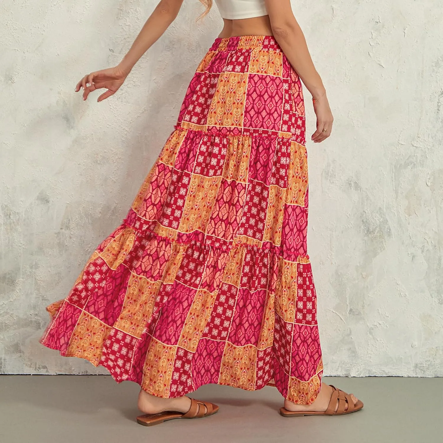 Women's Summer Beach Bohemian Long Skirt Floral Printed Maxi Skirt Vintage Stretch High Waist Halter Skirt