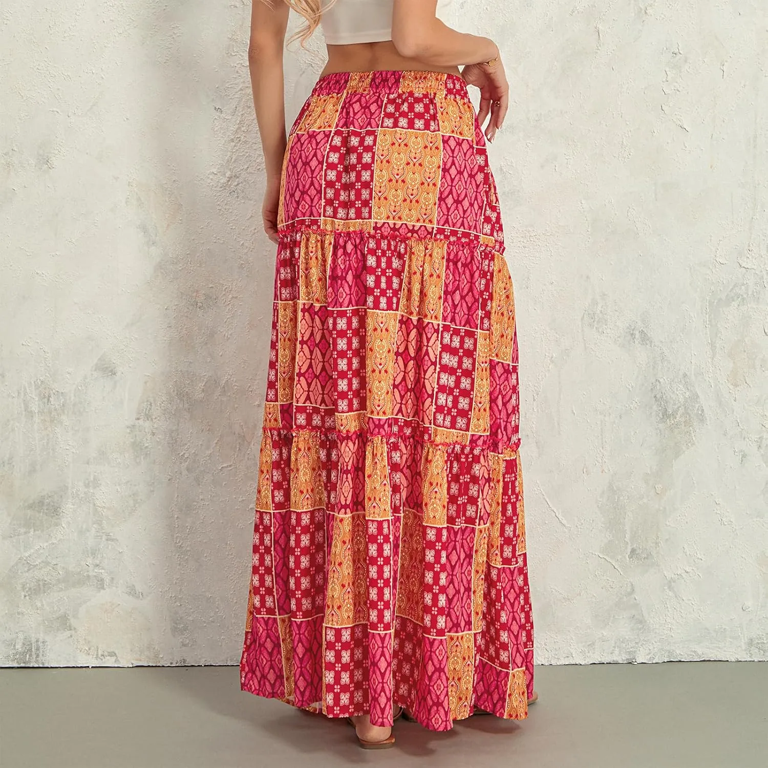 Women's Summer Beach Bohemian Long Skirt Floral Printed Maxi Skirt Vintage Stretch High Waist Halter Skirt