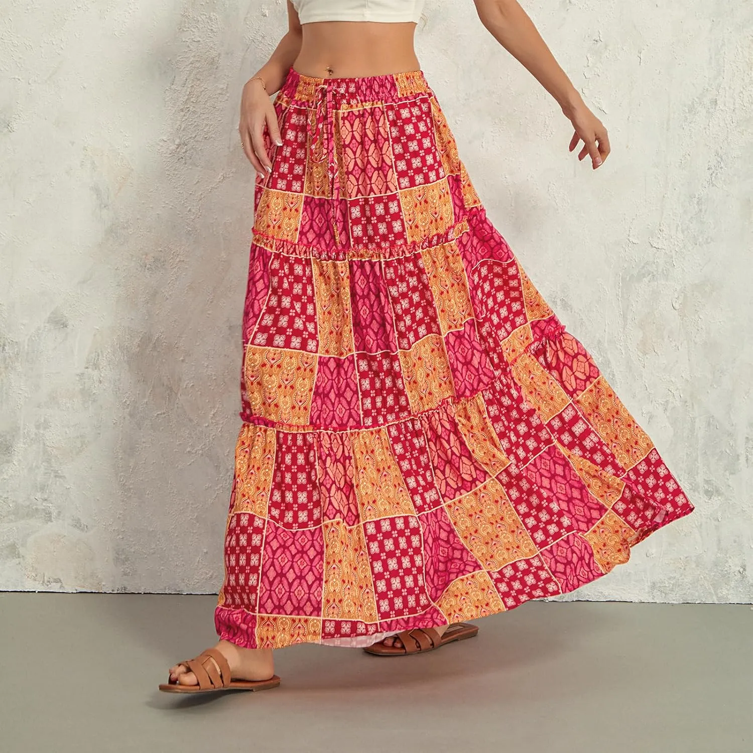 Women's Summer Beach Bohemian Long Skirt Floral Printed Maxi Skirt Vintage Stretch High Waist Halter Skirt