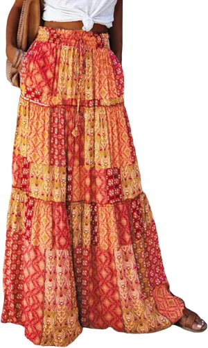 Women's Summer Beach Bohemian Long Skirt Floral Printed Maxi Skirt Vintage Stretch High Waist Halter Skirt