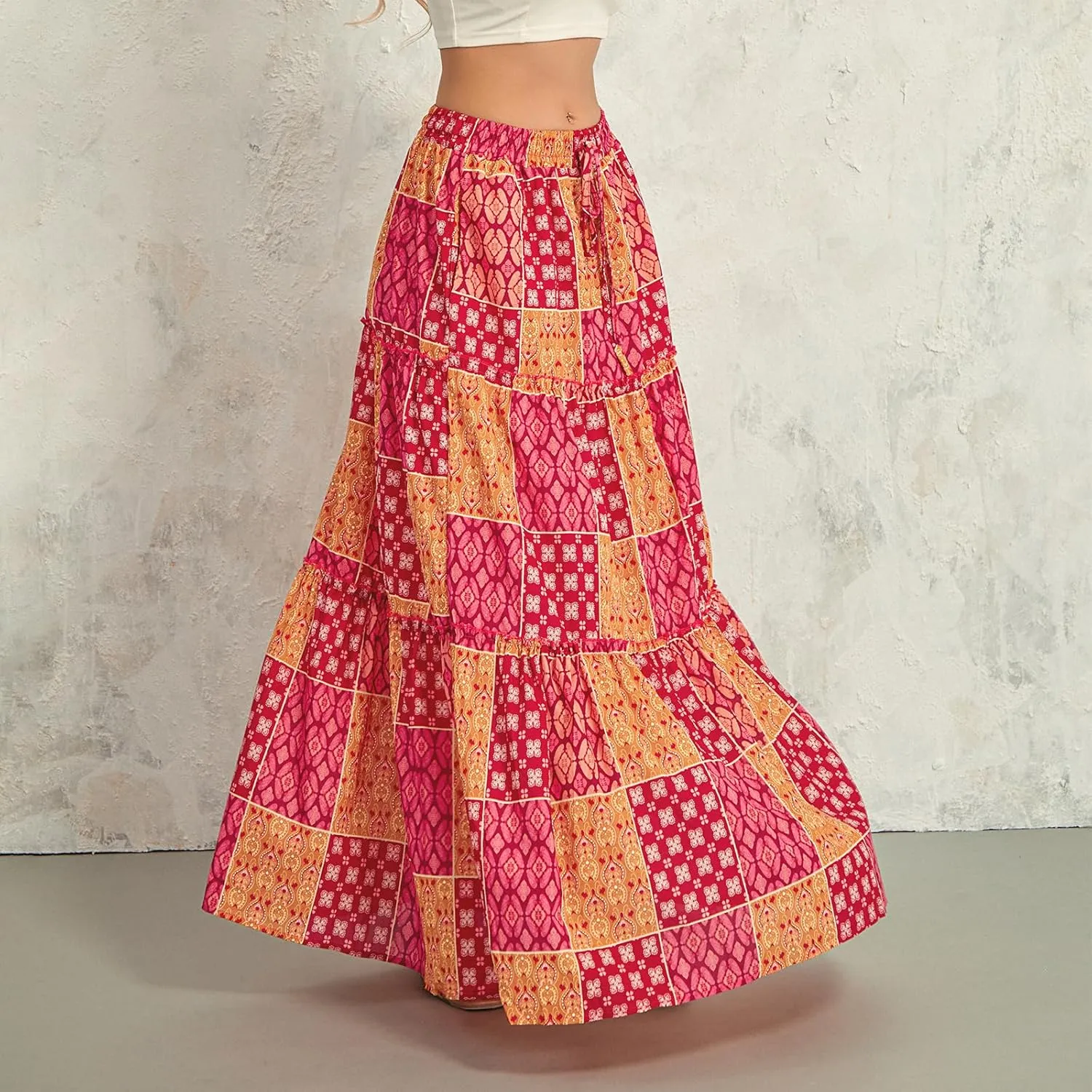 Women's Summer Beach Bohemian Long Skirt Floral Printed Maxi Skirt Vintage Stretch High Waist Halter Skirt