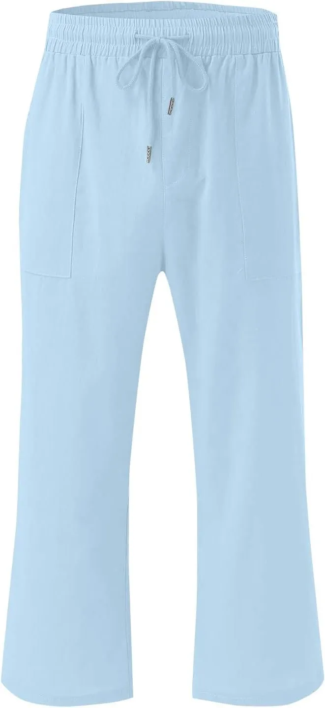 Womens Summer Cotton Linen Capri Casual Drawstring Elastic Waist Wide Leg Cropped Pants Beach Vacation Outfits