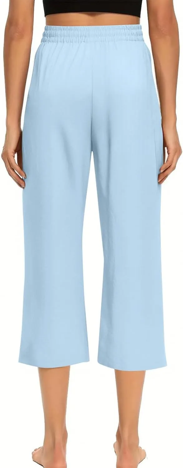 Womens Summer Cotton Linen Capri Casual Drawstring Elastic Waist Wide Leg Cropped Pants Beach Vacation Outfits