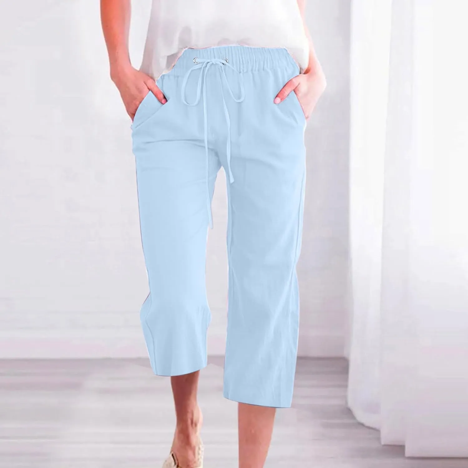 Womens Summer Cotton Linen Capri Casual Drawstring Elastic Waist Wide Leg Cropped Pants Beach Vacation Outfits