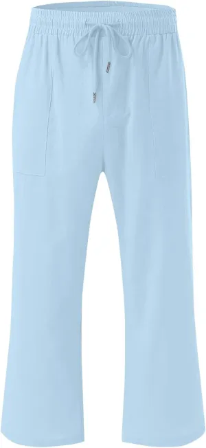 Womens Summer Cotton Linen Capri Casual Drawstring Elastic Waist Wide Leg Cropped Pants Beach Vacation Outfits