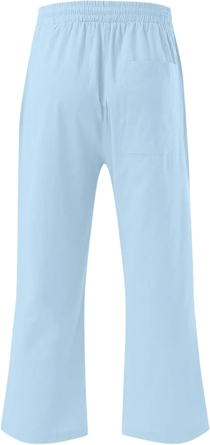 Womens Summer Cotton Linen Capri Casual Drawstring Elastic Waist Wide Leg Cropped Pants Beach Vacation Outfits